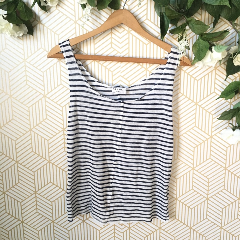 $230 FRAME Linen Stripe Raw-Edge Trim Scoop Top XS
